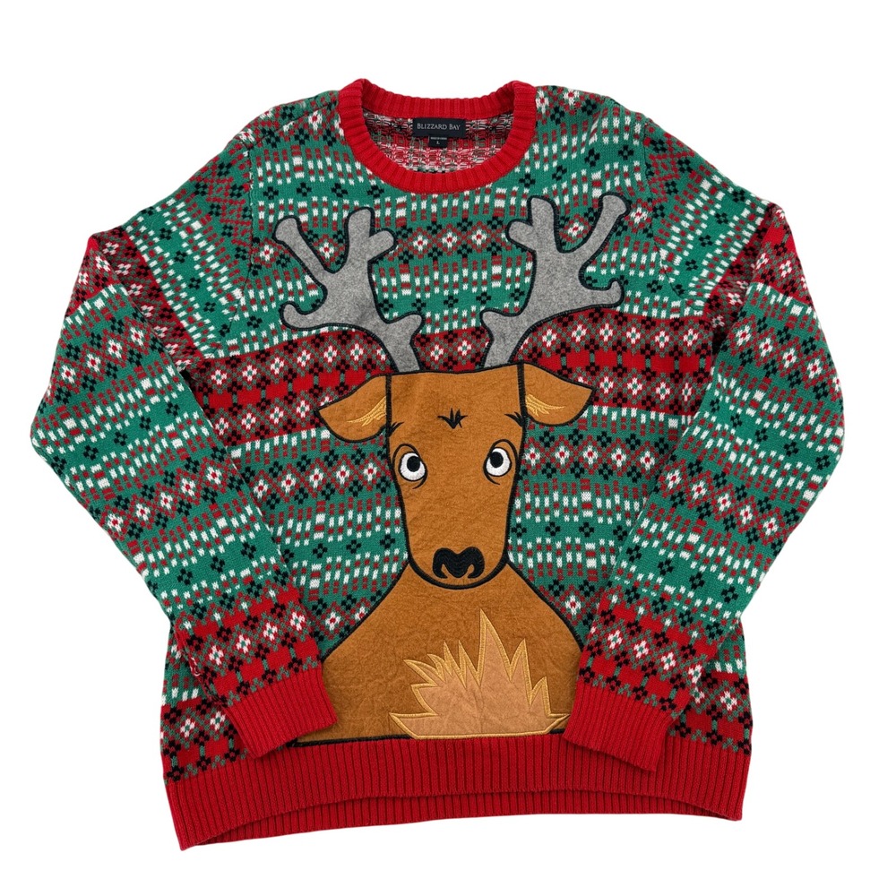 Blizzard Bay Reindeer Ugly Christmas Sweater Green Red Fair Isle Cotton Large